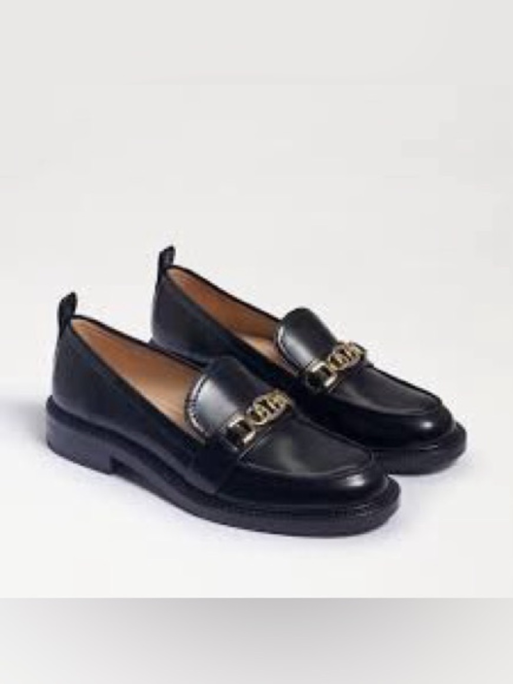 Sam Edelman NWOT  Black Patent Loafers with Gold Chain Accent, Size 7.5